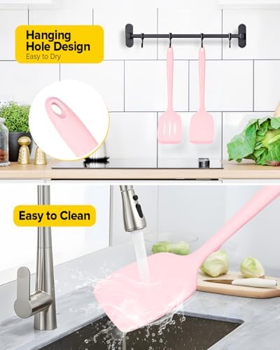Pack of 2 Silicone Spatula Turners, Non Stick Slotted Kitchen Spatula Set, Heat Resistant BPA Free Kitchen Utensils, One-Piece Design, Suitable for Flipping Fish, Eggs, Steak, Pancakes (PINK)