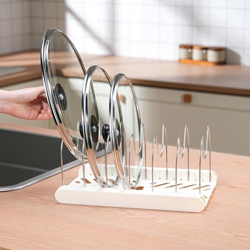 Pot Lids Organizer Rack,7 Adjustable Compartmentsfor Cabinet and Countertop,Kitchen Cabinet Organizer for Pots, Pans, Cake Molds, Cutting Boards, Mats, Cookware,Lids & Bakeware,Apricot