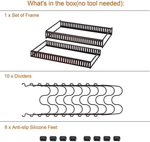 Toplife Pots and Pans Organizer Rack for Cabinet and Countertop, 10+ Pot Lids, Bakeware and Cookware Organizer Rack Holder with 10 Adjustable Compartments - Brown