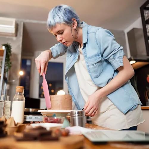 Silicone Jar Spatula,Non-Stick Heat Resistant Kitchen Thin Spatula,Sourdough Stirring Stick,Jam Spreader for Peanut Butter,Cake Cream Butter Spatulas for Scraping Icing Bread Cream (Pink)