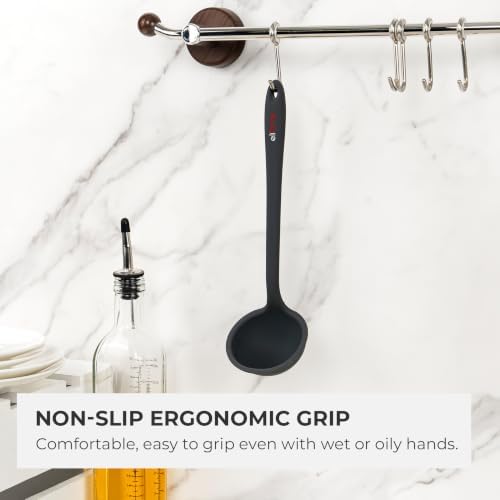 Elihome Classic 10.5 inch Silicone Soup Ladle Cooking Spoon: 600ºF Heat Resistant 2 oz Non-stick Seamless Deep Serving Spoon with Non Slip Long Handle for Cooking Sauce Stews Gravy Dark Grey