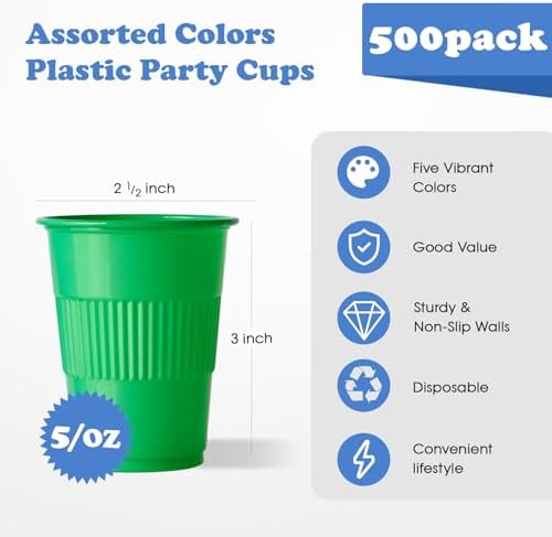 Lilymicky 500 Pack 5 oz Disposable Plastic Cup in 5 colors, Great for Party