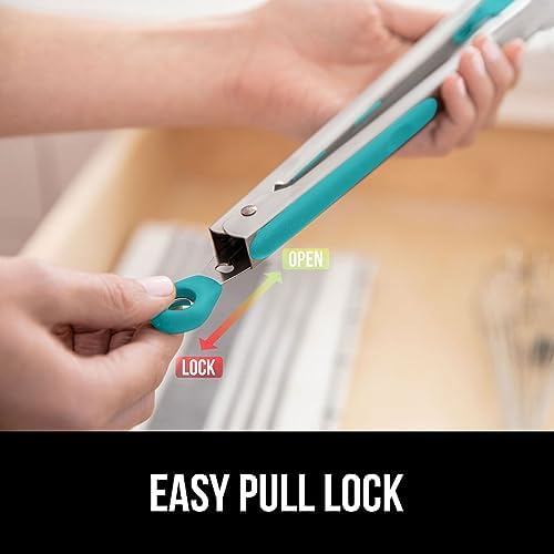 GORILLA GRIP Stainless Steel Kitchen Tongs for Cooking, 2 PK, Turquoise