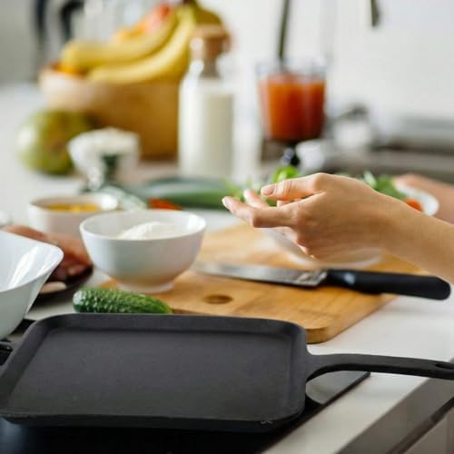 12 Inch Cast Iron Square Griddle, Seasoned Skillets with Ring Handle, Heat Resistant Griddle for Pancakes, Eggs, Steak, Durable Griddles for Stove Top Oven Safe for Kitchen Cooking