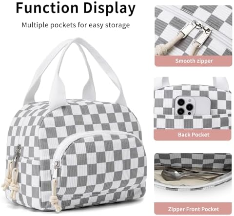 Lunch Bag Women Lunch Box for Women Adult Insulated Lunch Bag Small Cooler Lunch Tote Bags for Work Picnic Travel(Beige-Gray Plaid)