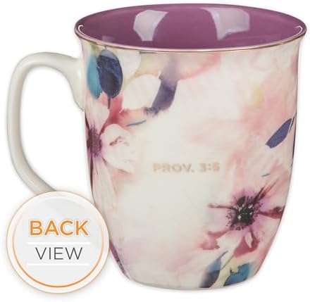 Christian Art Gifts Large Ceramic Inspirational Scripture Coffee & Tea Mug for Women: Trust in the Lord Golden Bible Verse, Non-toxic Lead/Cadmium-Free Cup, White & Purple Watercolor Floral, 14 oz.
