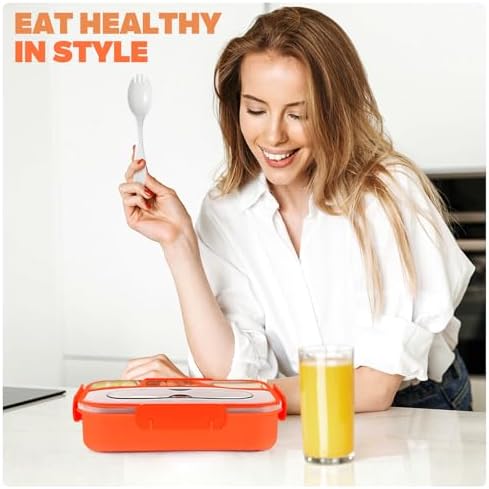 EASYFUN Bento Box Adult, Lunch Box, 4-Compartment Lunch Containers, Drop-Proof, Dishwasher Safe & Made with BPA-Free Materials (Orange)