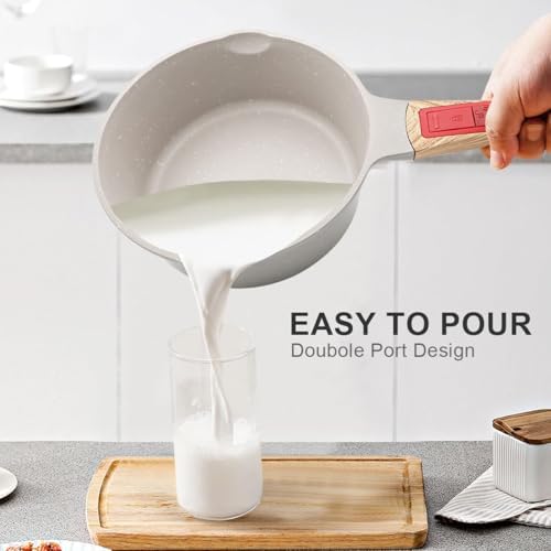 2.5 Qt Nonstick Sauce Pan with Lid, Sauce Pot with Pour Spout, White