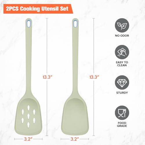 Silicone Spatula Set of 2 Pack, Heat Resistant Solid&Slotted Turner (GREEN)