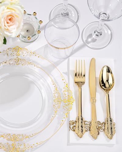Nervure 350Pcs Clear Gold Plastic Plates, Dinnerware Sets for 50 Guests