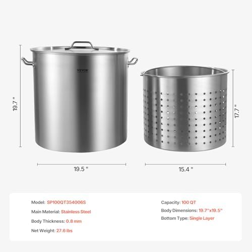 VEVOR Stainless Steel Stockpot, 100 Quart Large Cooking Pots, Cookware Sauce Pot with Basket, Lid, and Handle, Heavy Duty Commercial Grade Stock Pot, Sanding Treatment, for Large Groups Events Silver