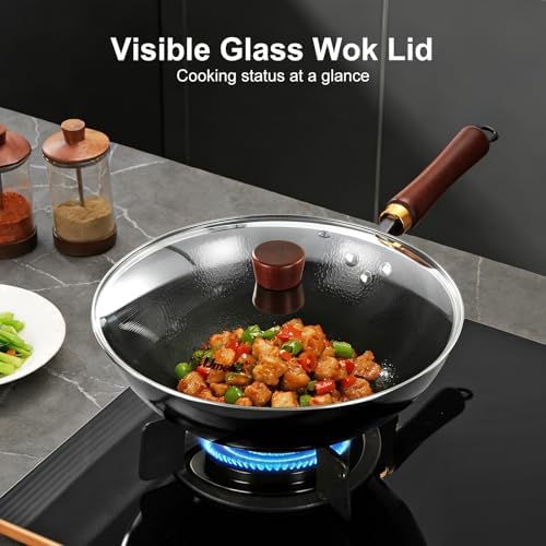 Carbon Steel Wok Pan, 13.4-Inch Nonstick Pre-Seasoned Woks & Stir-Fry Pans with Glass Lid, No Chemical Coated Wok Round Bottom Hand Hammered Chinese Wok for Gas Stoves