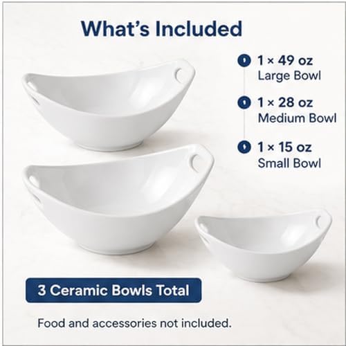 Ceramic Serving Bowls with Handles, Large Salad Bowl Set for Entertaining, Mixing, Serving Dishes for Parties, Kitchen, Housewarming & Everyday Use, Set of 3, 15/28/49 oz
