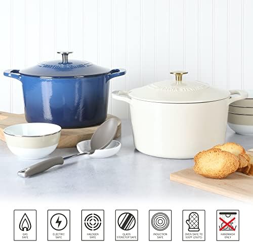 MARTHA STEWART Gatwick 7-Quart Enamel Cast Iron Dutch Oven – Linen White With Gold – Heavy-Duty Dutch Oven for Slow Cooking, Braising & Baking
