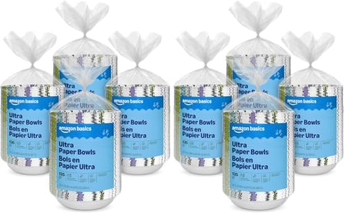 Amazon Basics Ultra Paper Bowls, 20 Oz, Disposable, 1080 Count (8 packs of 135), White (Previously Encore), Packaging May Vary