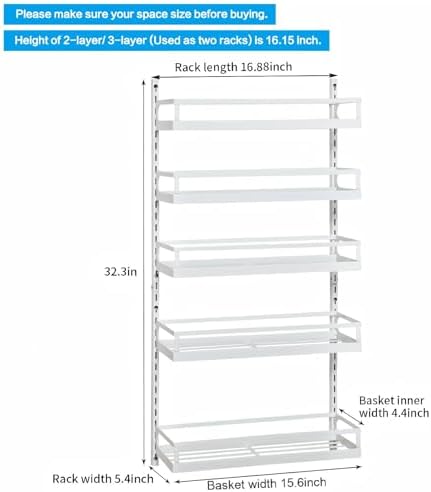 X-cosrack Wall Mount Spice Rack Organizer 5 Tier Height-Adjustable Hanging Spice Shelf Storage for Kitchen Pantry Cabinet Door, Dual-Use Seasoning Holder Rack with Hooks, White