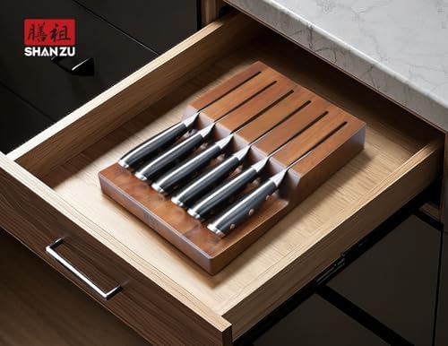 SHAN ZU Steak Knife of 7, 4.5 Inch Damascus Steak Knife Set with Block