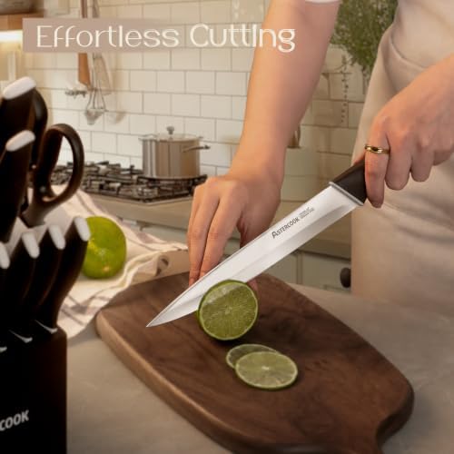 Astercook Knife Set, Kitchen Knives with Block and Sharpener 15 Pcs German Stainless Steel Sharp Blade Dishwasher Safe with Ergonomic Handle, Elegant Black