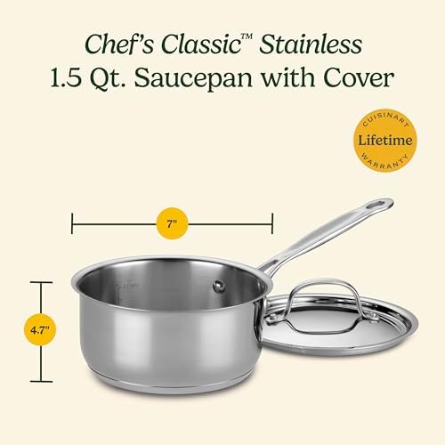 Cuisinart 1.5 Quart Sauce Pan with Cover, Stainless Steel Pot with Lid, Small Kitchen Pots, Dishwasher Safe, Compatible with Induction, Electric, Gas Cooktops, Oven Safe Saucepan, Cool Grip Handles