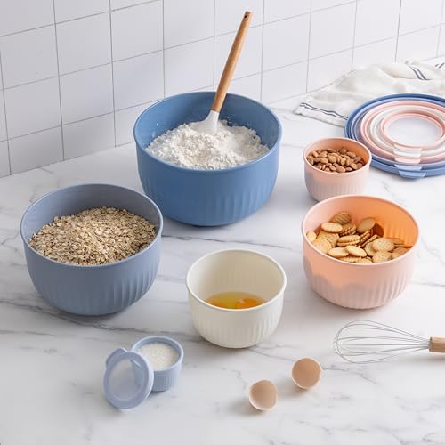 COOK WITH COLOR Prep Bowls with Lids- Wide and Deep Nesting Plastic Small Mixing Bowl Set with Lids, 12 Piece Set - Deep Bowls, Blue/Pink