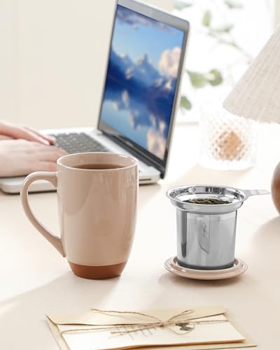 MALACASA Ceramic 18 oz Tea Mug with Lid and Infuser, Khaki Pink
