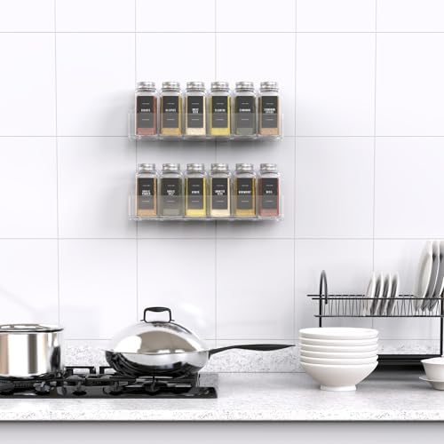 PMMASTO 2-Pack Clear Acrylic Self-Adhesive Spice Racks with 12 Empty Jars