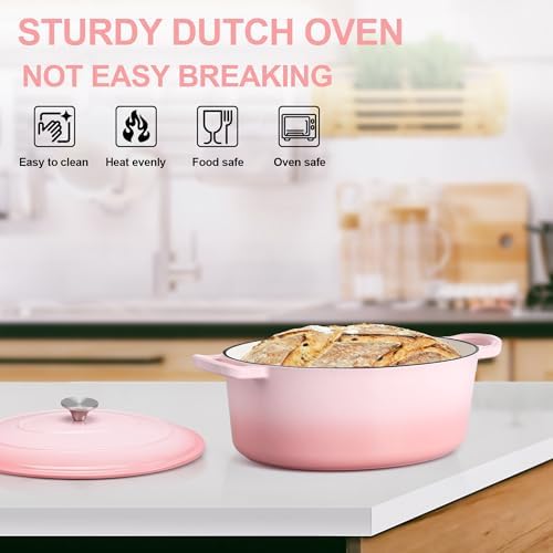 E-far 5QT Oval Dutch Oven Pot with Lid, Pink Enameled Cast Iron Dutch Oven