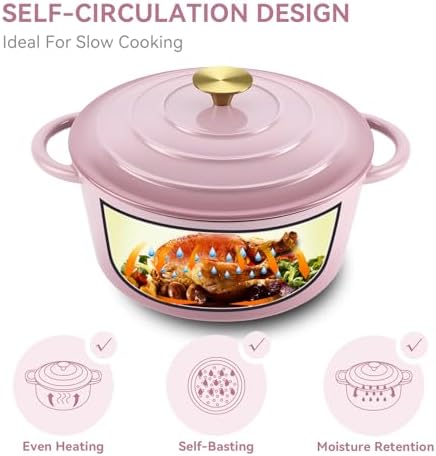 Miereirl 4.5 Quart Enameled Dutch Oven Pot with Lid, Cast Iron Dutch Oven with Dual Handles for Bread Baking, Cooking, Non-stick Enamel Coated Cookware, Pink