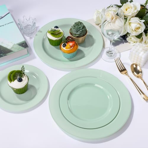 FLOWERCAT 60PCS Sage Green Plates - Heavy Duty Plastic Plates Disposable for Spring Party - Include 30PCS 10.25inch Sage Green Dinner Plates and 30PCS 7.5inch Dessert Plates