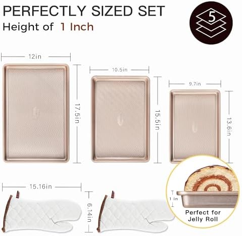 HONGBAKE 3 Pack Gold Nonstick Baking Sheet Pan Set with Oven Mitts Heat Resistant, Non-Toxic Half/Quarter/Jelly Roll Pans with Diamond Texture Pattern, Heavy Duty 0.8mm Thick Cookie Trays for Cooking