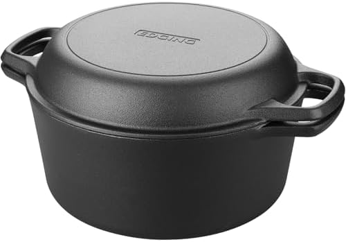 EDGING CASTING Pre-Seasoned Cast Iron Dutch Oven Pot with Skillet Lid Cooking Pan, 2-in-1 Sourdough Bread Baking Pan with Proofing Basket and Baking Supplies, 5QT