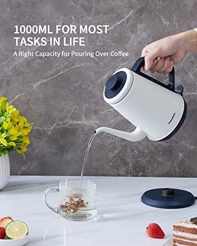 DmofwHi Gooseneck Electric Kettle(1.0L),1000W Electric Tea Kettle of 304 Stainless Steel,Auto Shut off,Coffee Kettle for Pour Over and Tea -White