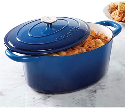 Crock Pot Artisan 7-Quart Oval Enameled Cast Iron Dutch Oven – Sapphire Blue, Heavy-Duty Cookware for Slow Cooking, Roasting, Baking with Lid