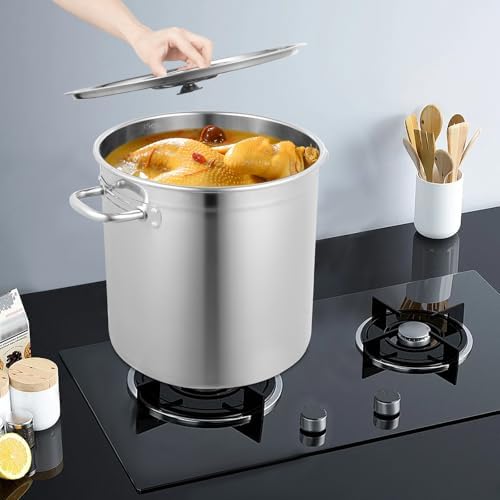 Stainless Steel Stock Pot with Lid, 30 Quart Heavy Duty Induction Soup Pot with Airtight Lid and Strong Handles, Commercial Big Pot 1.2mm Thick Body, Heat Distribution, Compatible Most Cooktops