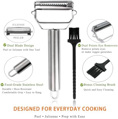 Sunkuka Potato Apple Vegetable Peeler Julienne Peeler for Kitchen - 3 in 1 Y Peeler for Fruit Veggie Carrot Cucumber Zucchini, Sharp Stainless Steel Peeler with Cleaning Brush