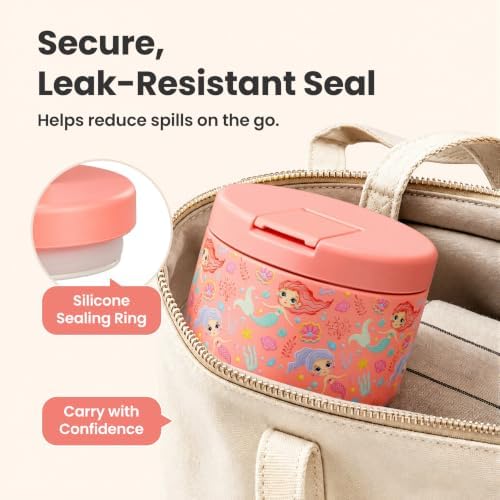 Pawtong 12oz Insulated Vacuum Food Jar with Buckle Lid Wide Mouth Soup Thermo for Hot Food Kids Leakproof Stainless Steel Lunch Container (mermaid)