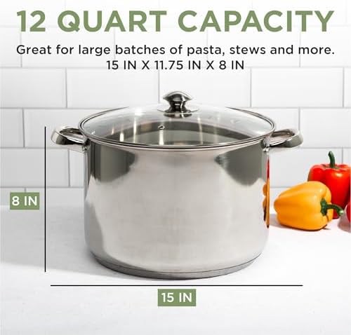 Ecolution Pure Intentions Stock Pot - Features Tempered Glass Lid, Stay-Cool Handles, and Encapsulated Bottom - Oven Safe - Curbside Recyclable Stainless Steel - 12 Quarts