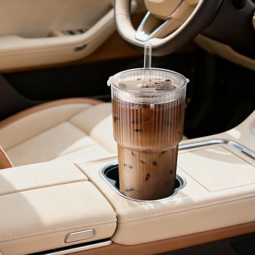 20oz Ribbed Iced Coffee Cups with Lids,4 Pcs Vintage Glass Cups Tumblers