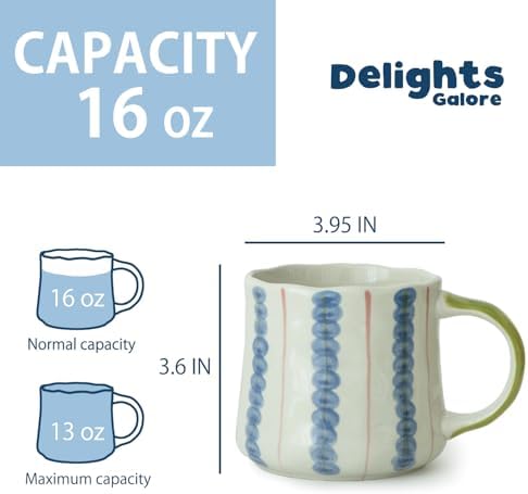 Striped Ceramic Coffee Mug Set of 4 (16oz) - Handmade Look Tea Cups with Yellow/Green Handles, Microwave Safe, Durable Daily Drinkware