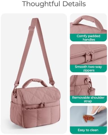 BAGSMART Insulated Lunch Bags for Women, Cute Quilted Lunch Box, Dark Pink