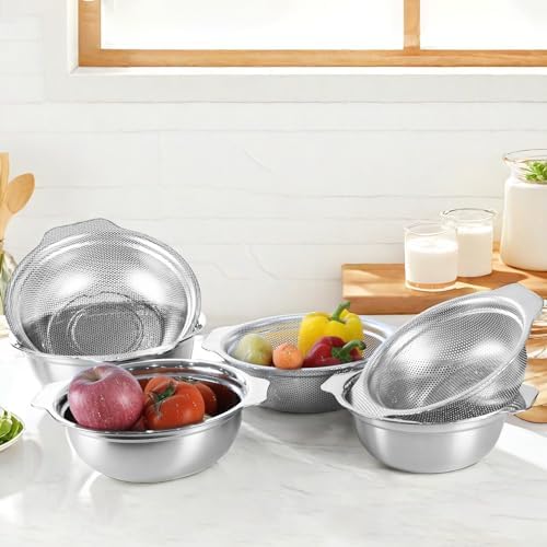 Extra Large 5.5QT Stainless Steel Colander, Large Capacity Rice Colander with Mixing Bowl, Rice Strainer for Vegetables, Fruit, Spaghetti, Pasta Strainer, Dishwasher Safe(2PC)