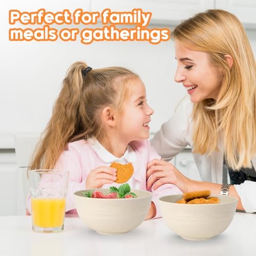 Unbreakable Cereal Bowls Set of 8, 26 Oz Wheat Straw Bowl Sets, Microwave & Dishwasher Safe Bowls for Kitchen, Reusable Plastic Bowl for Soup, Salad, Rice, Snack, BPA Free, Beige