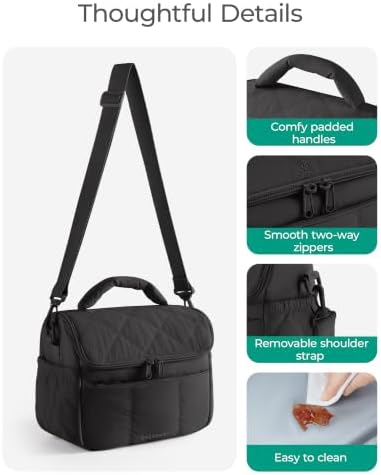 BAGSMART Insulated Lunch Bags for Women, Cute Quilted Lunch Box, Black