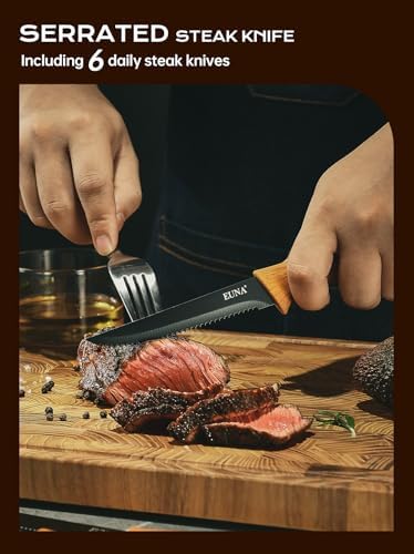 EUNA Knife Block Set, 19 PCS Kitchen Knife Set with Acrylic Block and Sharpener, German High-Carbon Stainless Steel Knife Sets with 6 Serrated Steak Knives, Bread Knife, Chef Knife, Dishwasher Safe