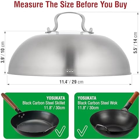 YOSUKATA Carbon Steel Wok Pan – 11,8 “ Woks and Stir Fry Pans + Wok Lid 11.4 In - Premium Stainless Wok Cover with Tempered Glass Insert Steam Holes and Ergonomic Handle
