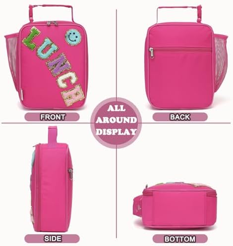 FlowFly Lunch box Insulated Soft Bag Mini Cooler Back to School Thermal Meal Tote Kit With Buckle and Mesh Side Pocket for Girls, Boys, RoseRedWithLetter