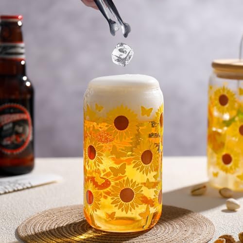 DWTS DANWEITESI Glass Cups with Lids and Straws with Design Sunflower 4 pcs,Clear Glass Cups 16 oz-Drinking Glasses Set,Glass Tumbler,Cute Design Glass Iced Coffee Cups with Lids and Straws 480ml