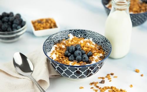 KooK Soup Bowl, Cereal Bowl, Ceramic Cereal Bowls, Microwave, Dishwasher and Freezer Safe, Porcelain Dishes for Soup, Pasta, Salad, Oatmeal, Deep Interior (White & Blue)