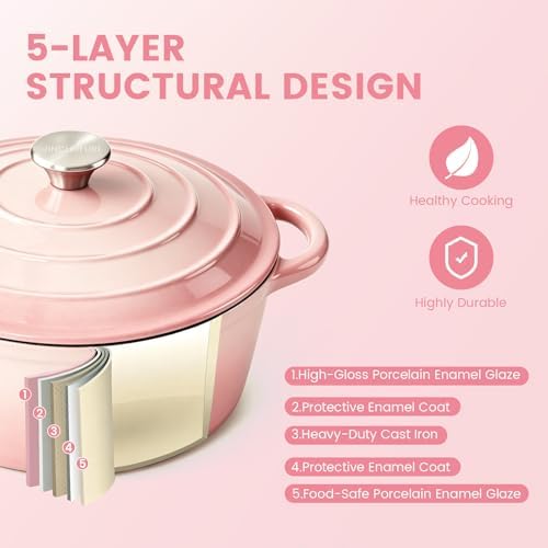 5 Qt Enameled Cast Iron Dutch Oven with Lid, Pink