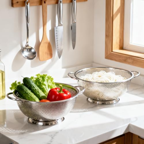 304 Stainless Steel Colander, Micro-Perforated 3-Quart Strainer with Base, Dishwasher Safe. Great for Pasta, Noodles, Vegetables & Fruits